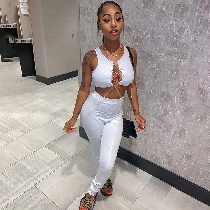 

2 Piece Set Women Matching Sets Sleeveless Hollow Out Chain Crop Top And Pants Bodycon Two Piece Outfits 2020 Summer New