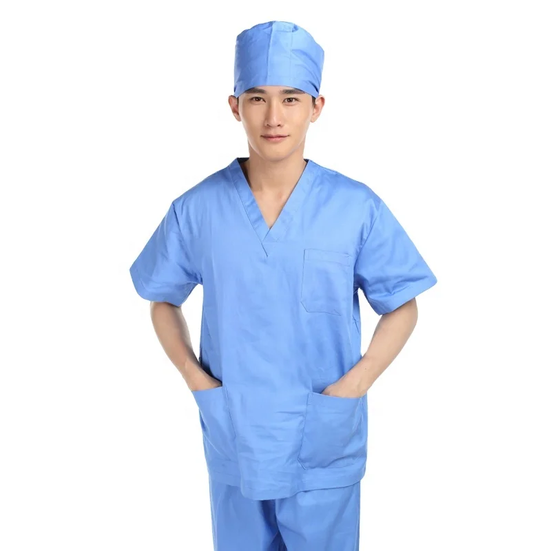 

Hot Selling Hospital Short Sleeve V-neck Doctor Nurse Dental Stomatological Hospital 100% Cotton Scrub Nursing Uniform Set, Light blue