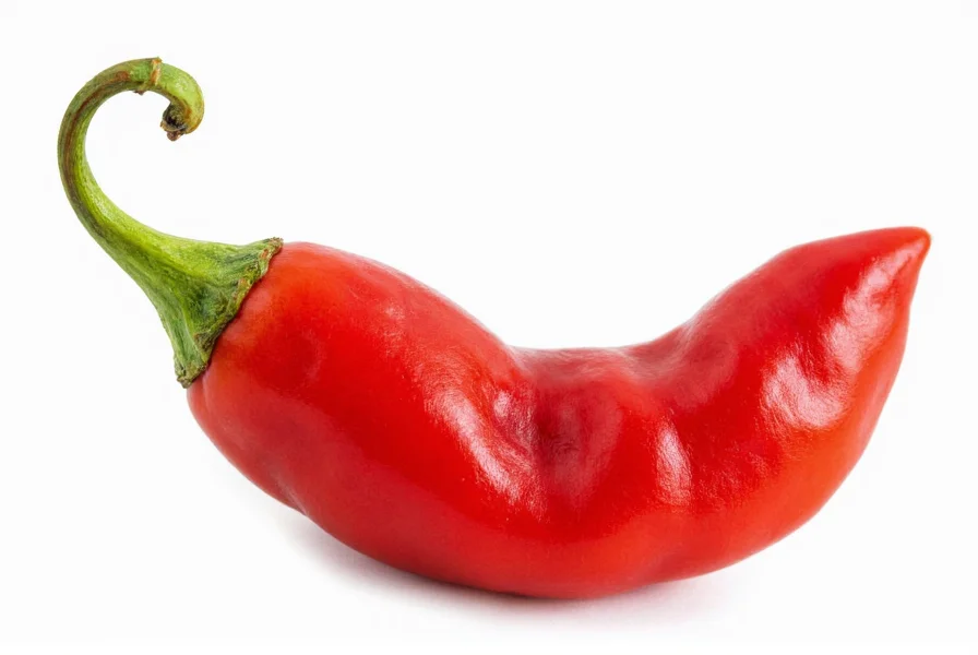 Close-up photograph of a bright red Carolina Reaper pepper showing its distinctive bumpy texture and stinger tail against a white background