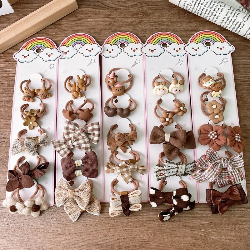 

10 pieces of autumn and winter coffee color children's hair circle Cute bow flower cartoon animal hair ties