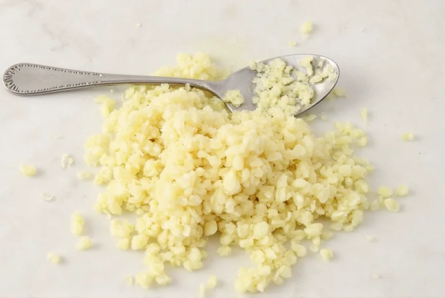 Close-up of fresh garlic cloves next to measured teaspoon of minced garlic