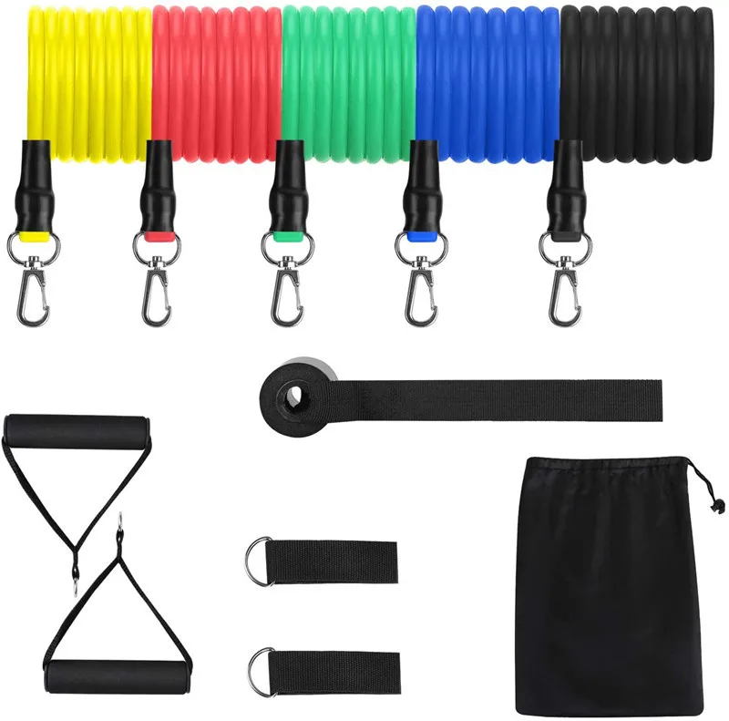 

11pcs Set Elastic Home Training Gym Fitness Ankle Straps Arm Latex TPE Tube Resistance Band Set, Red,black,green,yellow,blue