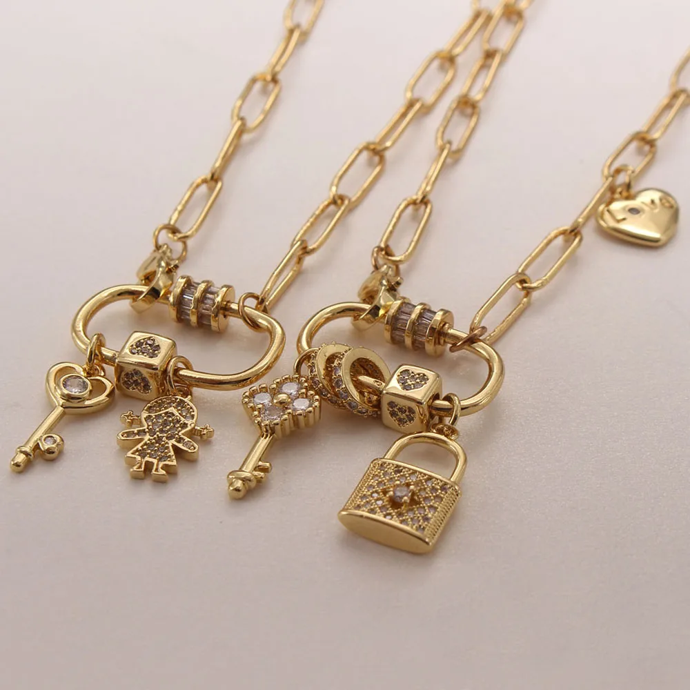 

MHS.SUN Hip Hop Women/Men Jewelry Lock&Key Luxury AAA Zircon Pendant Necklace Charming Link Chain Choker Necklace Party Gifts, Gold
