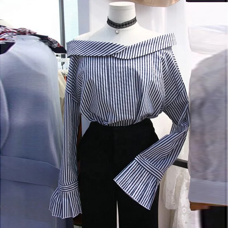 

DLL2021 Spring new Korean style flared long-sleeved striped shirt with a word collar design office womens off shoulder blouse, As picture or customized make