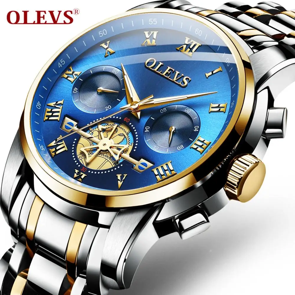 

OLEVS OEM Chronograph Watches Fashion Quartz Stainless Steel Waterproof Sport Brand Luxury Blue Dial Multifunction Men Watch, 7 colors