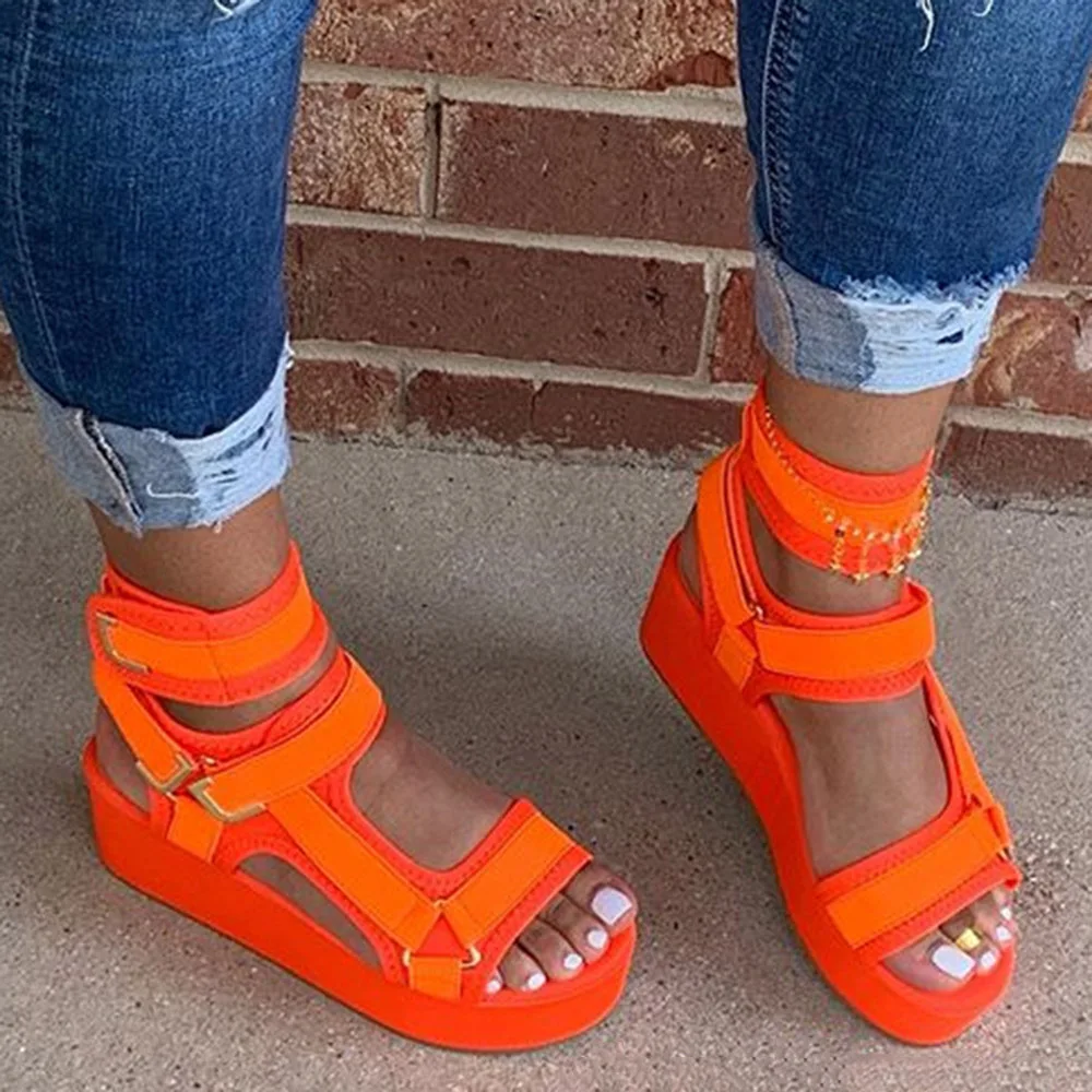 

Women Sandals Hook & Loop Platform Open Toe Orange Sandals Women Flat Summer 2020 Outdoor Beach Shoes Women Sandals for Girils