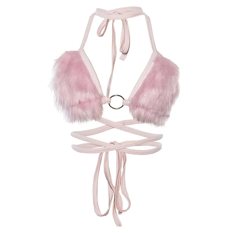 

Fuzzy Pink Faux Fur Sexy Bralette Crop Top Rave Festival Halter Backless Bandage Summer Tops for Women 2019