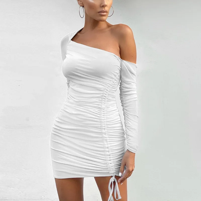 

Sexy Mesh One Shoulder Ruched Robe Woman Casual Bodycon Bandage Dress Club Party Pencil Dress, White,pink,red,black,blue