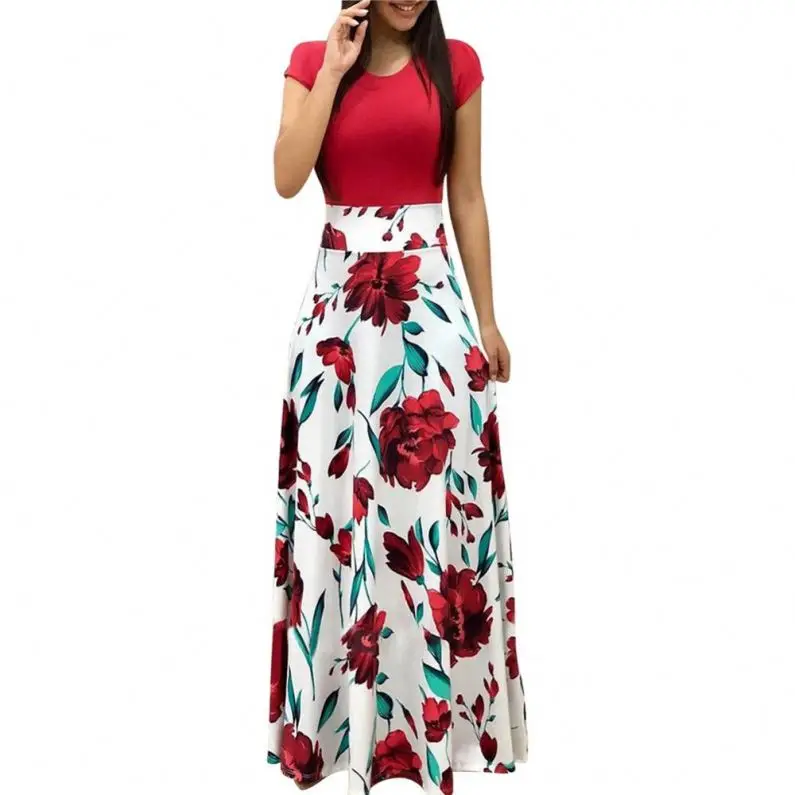 

Wholesale New Fashion Women Summer Dress Floral Printed High Waist Ladies Floral Maxi Dress Holiday Long Sundress