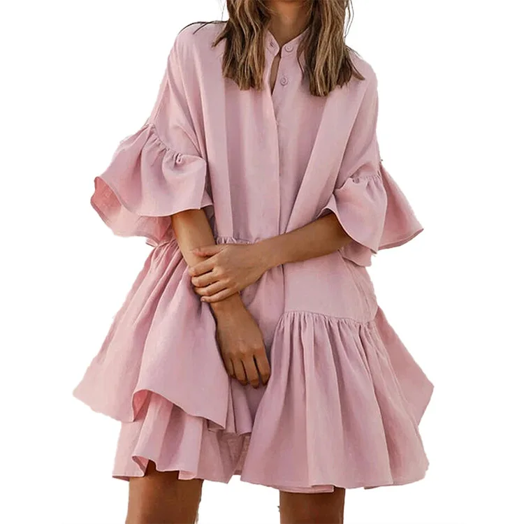 

2021 High Quality Luxury Solid Color Pleated Flare Sleeve Casual Loose Dresses Single Breasted Chiffon Elegant Dress Ladies, Pink / white