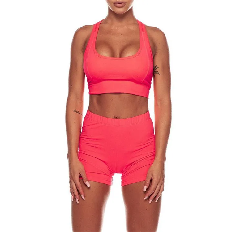 

Manufacturer sales yoga sports suit running gym vest shorts womens fitness solid color shorts set, Can be customized