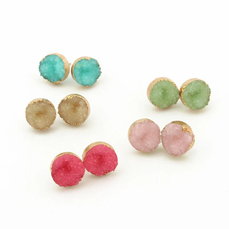 

European Multicolor Round Circle Natural Druzy Stone Stud Earrings Crystal Druzy Quartz Stone Earring
