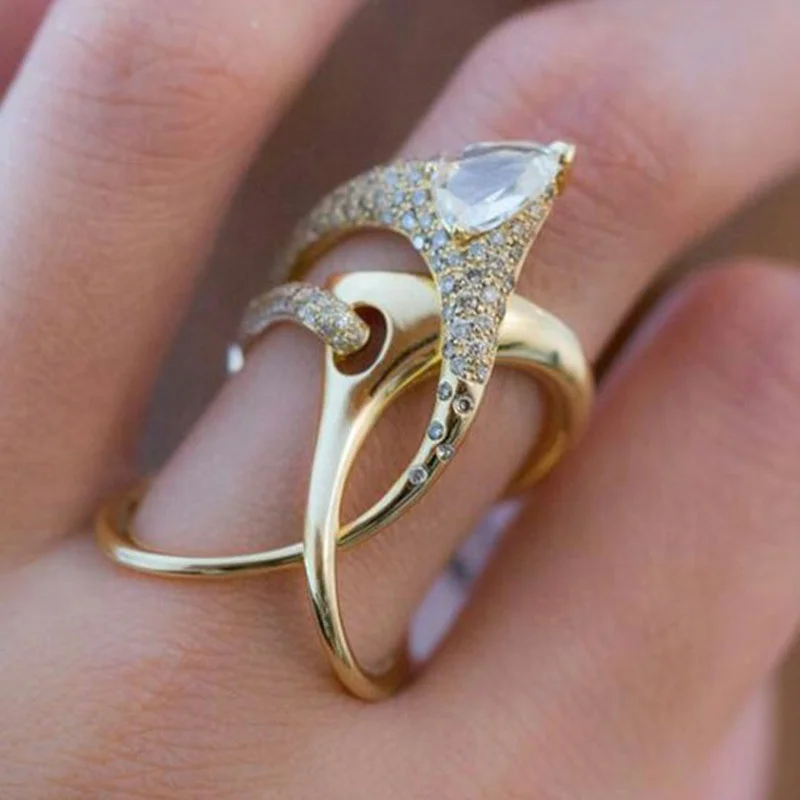 

Luxury Female Geometric Hollow Ring With Zircon Fashion Party Wedding Rings For Women Vintage Yellow Gold Color Finger Ring