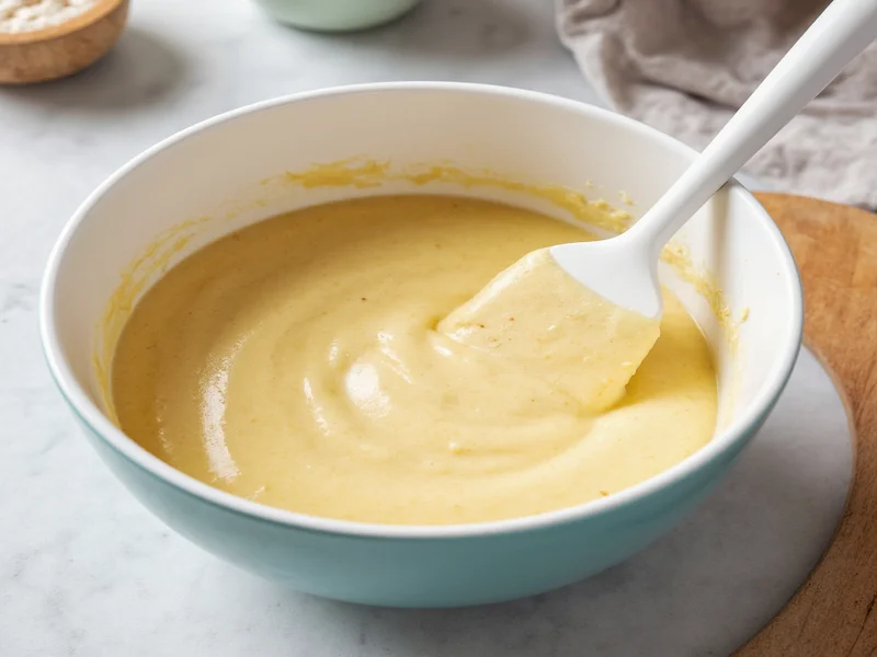 Proper cake batter consistency in mixing bowl with spatula