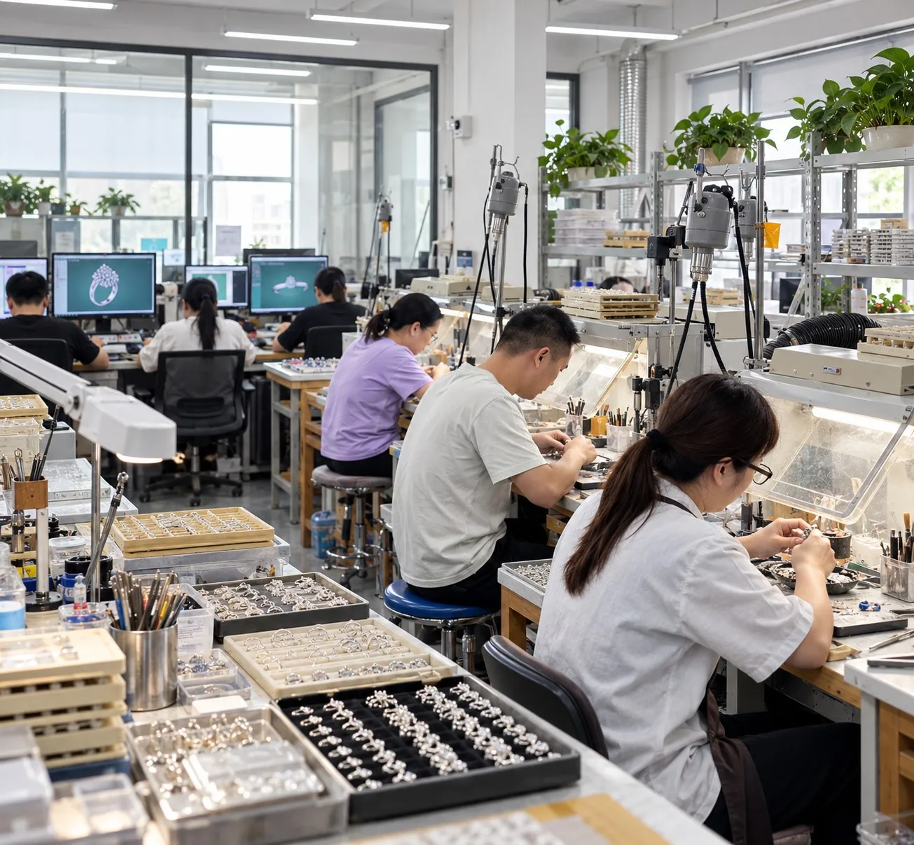 Jewelry production team working in a professional factory workshop