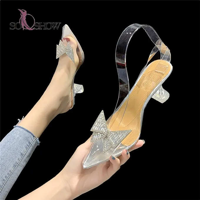 

China wholesale big size shoes transparent upper with rhinestone high heels sandals for women and ladies