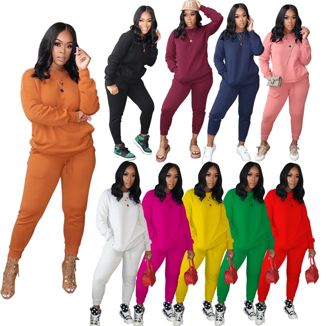 

cheap long sleeve sweatshirt sports pants vintage plus size plain color two piece set track suit for women, Picture