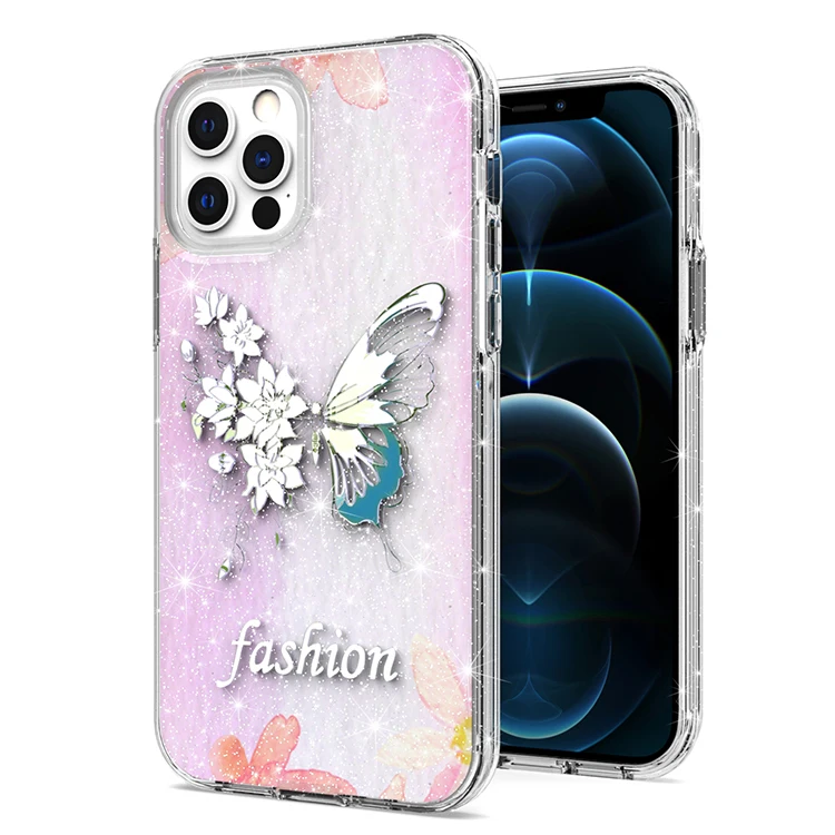 

Wholesale Glitter Back Cover Butterfly Print Design Mobile Phone Case For iPhone 11 xs xr max 12 6 7 8 plus 13 Pro