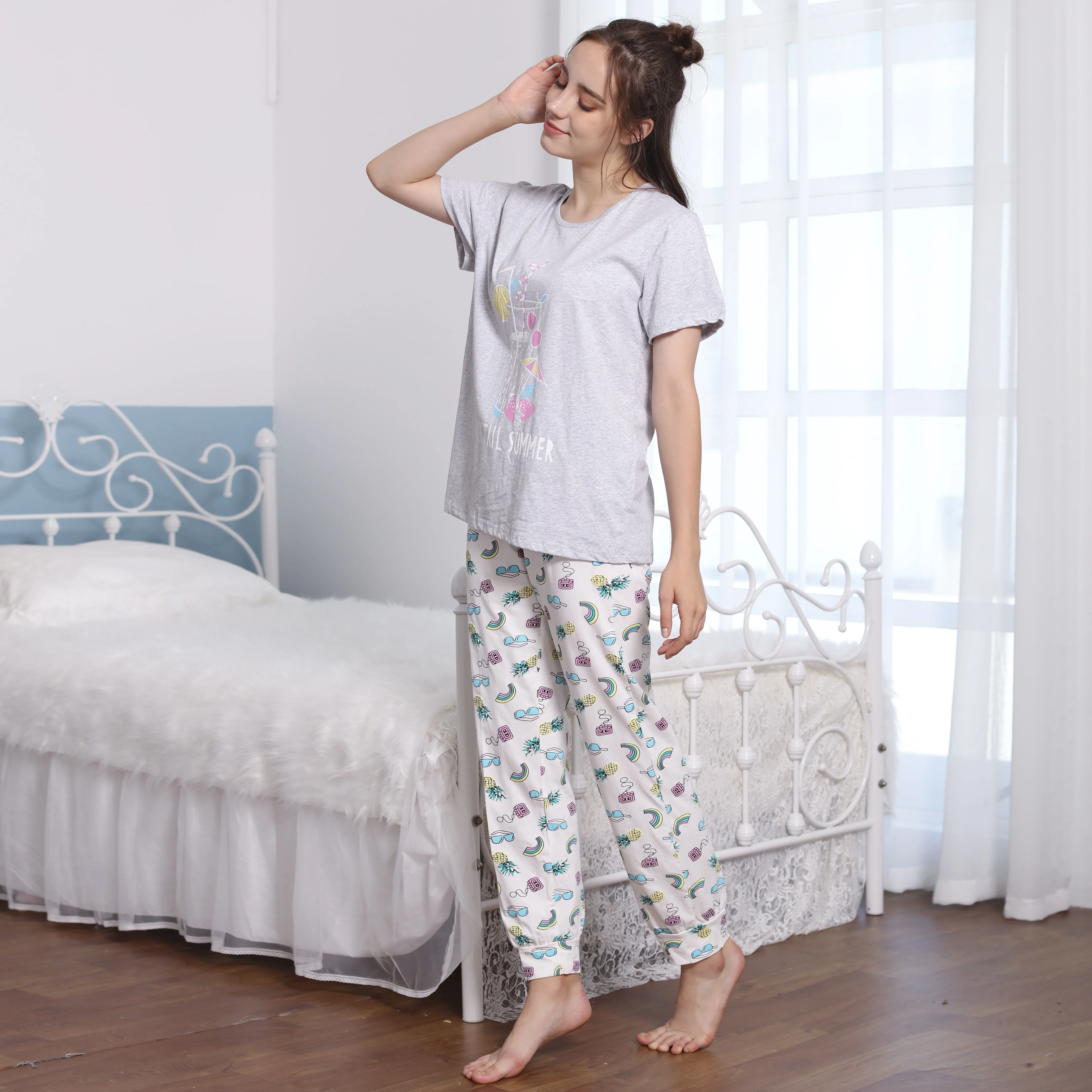 
women cotton pajamas night lounge wear sleeping pijiamas for ladies pyjamas suit floral nighties printing nightwear set Arab 