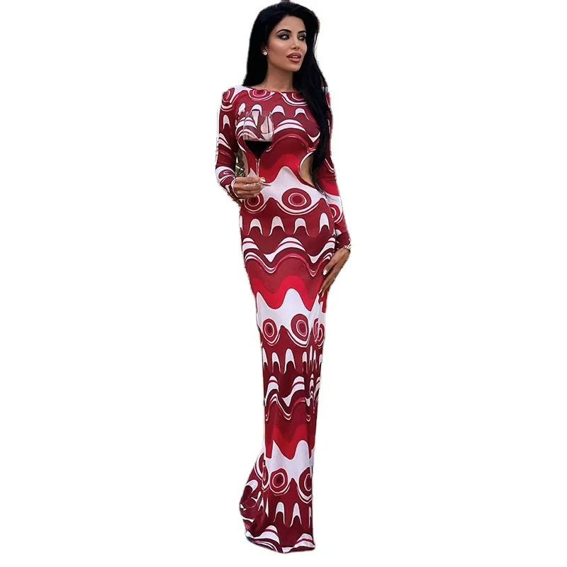 

Nibber W21G00005 2021 Autumn Fashion Women's Paisley Printed Backless Long Sleeves Maxi Dress Slim Bodycon Lady Party Long Dress, Red