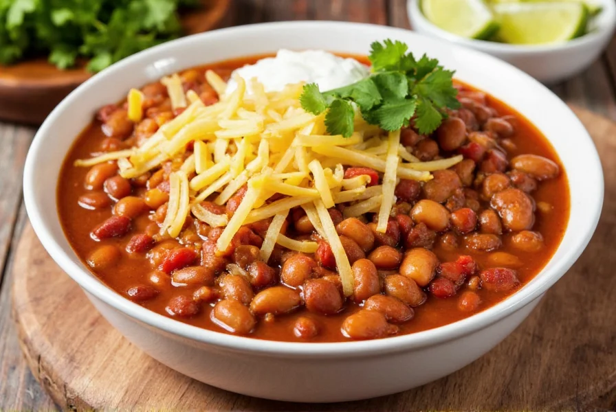 Finished bean chili served in white bowl with toppings including cheese, sour cream, cilantro, and lime wedge on wooden table