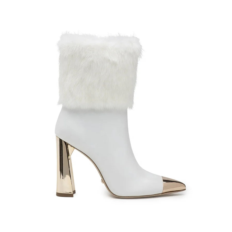 

Pointed toe side zipper mink fur gold metal hardware shoe women winter fur boots