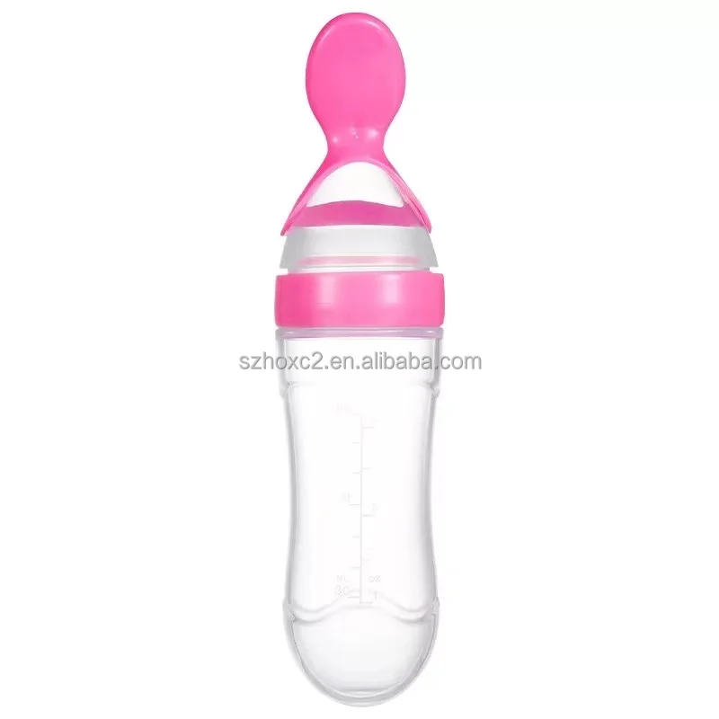 

Silicone Baby Toddler Feeding Bottle with Spoon Children Food Rice Paste Spoon 90mL silicon feeding bottle with spoon, Customized color