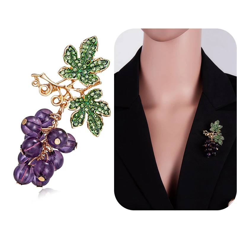 

Fashion Purple Glass Grape Brooch Pins Jewelry With Zircons Fruit Icons Brooches Badges On Bag For Women Elegant Wedding, Green,purple,gold