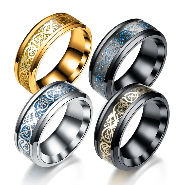 

Popular 8mm Wide Silver Color Celtic Dragon Inlay High Polished Beveled Edges Celtic Men Women Stainless Steel Mans Rings, Colors