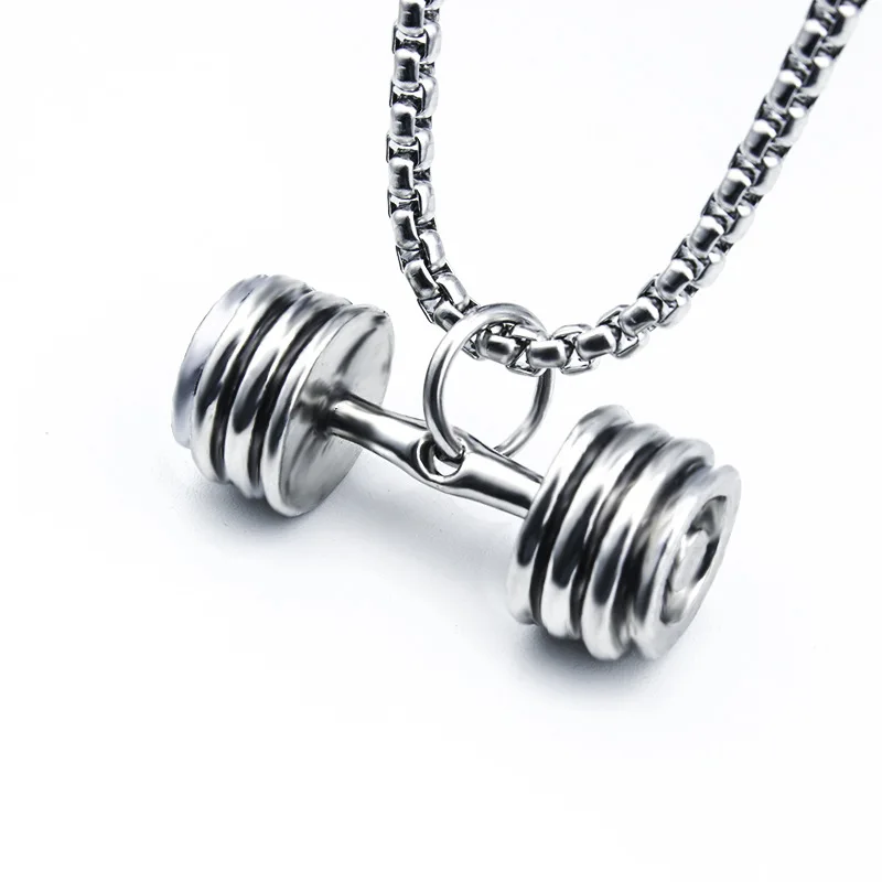 

2020 Fitness dumbbell necklace pendant titanium steel round dumbbell necklace men and women stainless steel