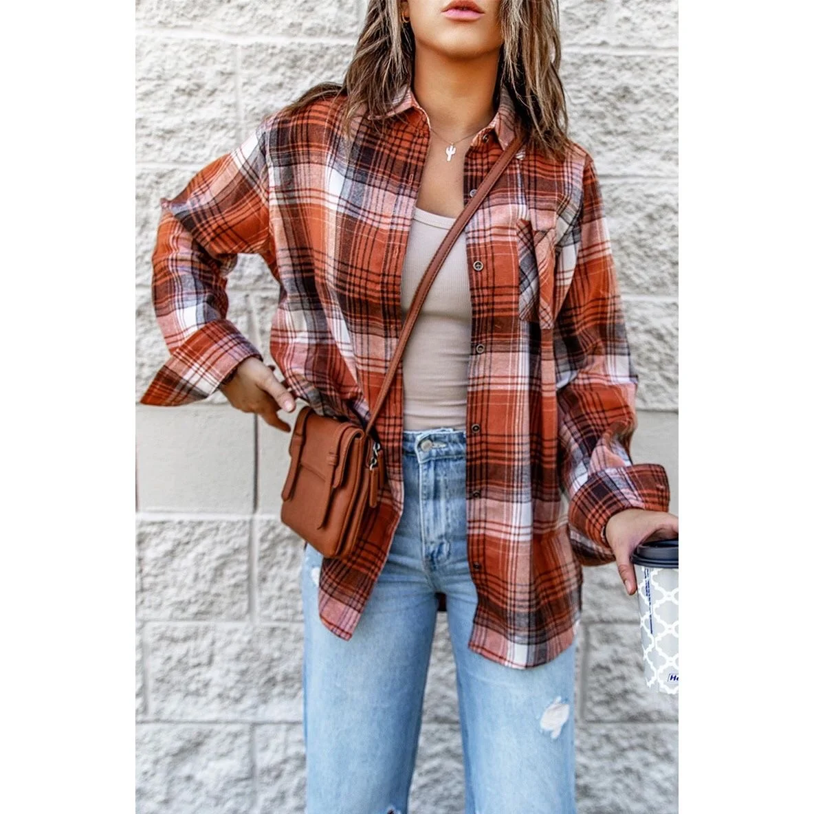 

Free Shipping Q245 Autumn and winter new Plaid Shirt women's medium and long loose Lapel shirt