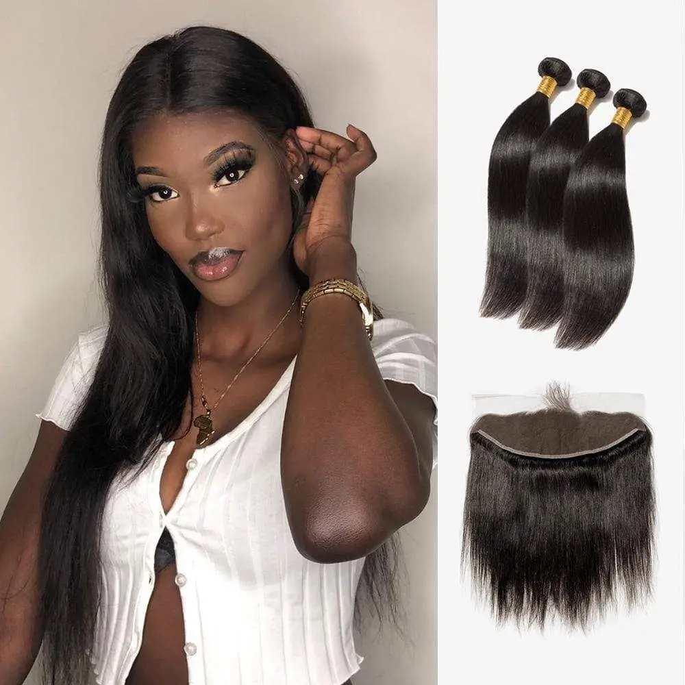 

Raw Straight Hair Extensions 100% Cuticle Aligned Brazilian Virgin Human Hair Bundle With Lace Closure Frontal