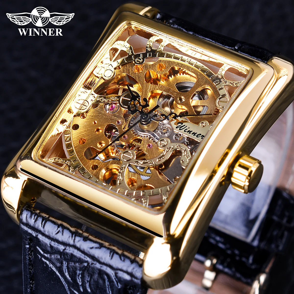 

Winner Watch Retro Casual Series Rectangle Dial Design Clock Golden Pattern Skeleton Men Top reloj Luxury Mechanical Wrist Watch