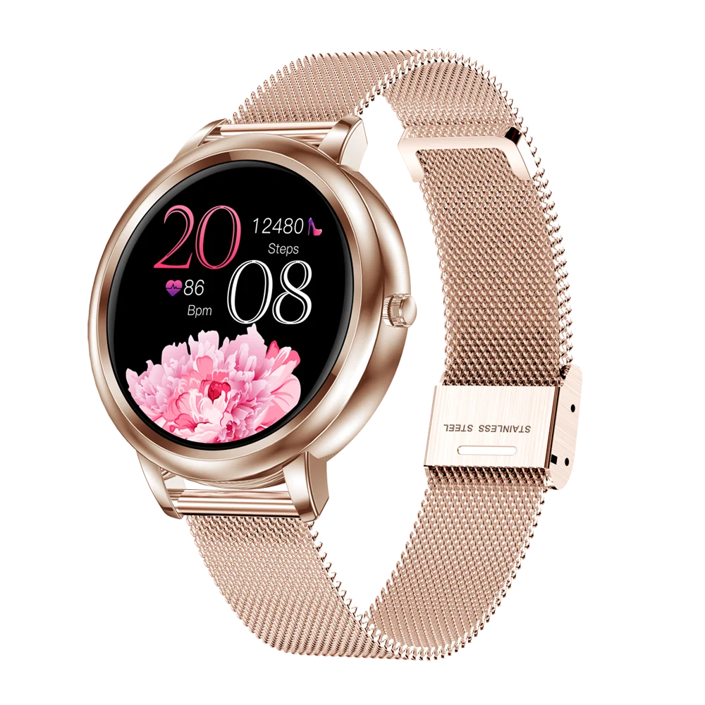 

Hot Selling Lady Healthy Smart Watch MK20 Full Round Touch Reloj Inteligente Heart Rate Monitor Dial Fitness Tracker for Women, Silver steel strip/rose gold steel strip/silver belt/pink belt