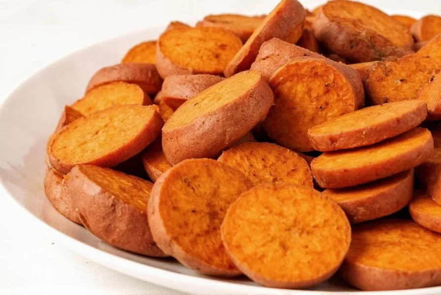 Perfectly caramelized cinnamon sweet potato wedges on a white plate with cinnamon stick garnish