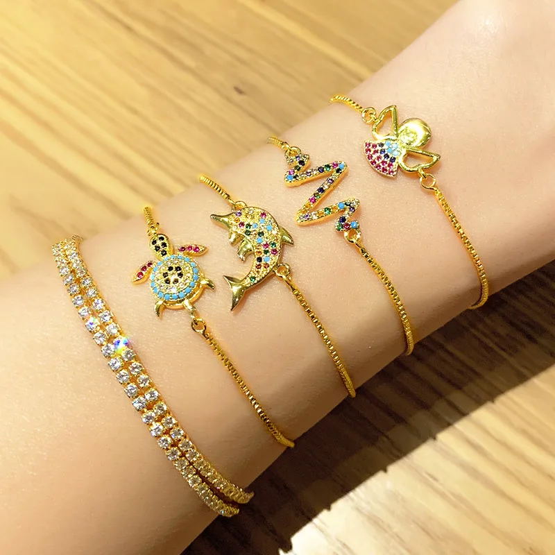 

Dylam Holiday Style Ocean Colorful Zircon Bracelets Slider Cubic Zircon Brass Bangles turtle Dolphin Angle Pendant Bolo Bracelet