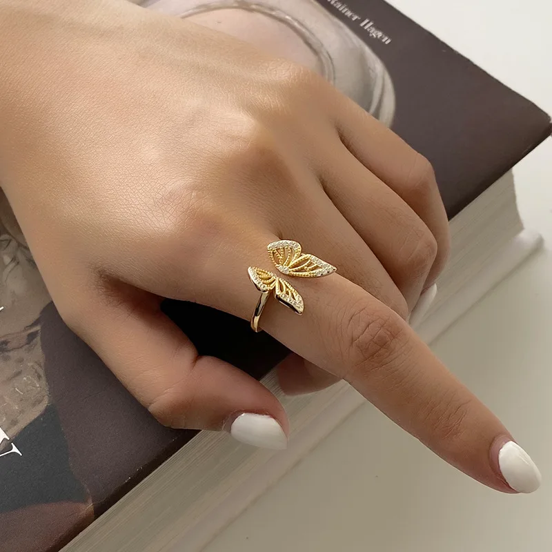 

Personality S925 Sterling Silver Zircon Butterfly Open Ring Cubic Zircon Butterfly Ring, Gold