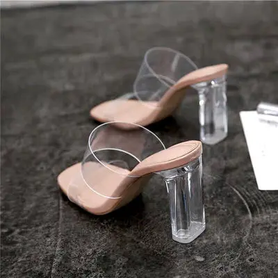 

2021 summer word with transparent high heel sandals women fashion crystal thick heel sexy sandals slippers for outer wear, Apricot