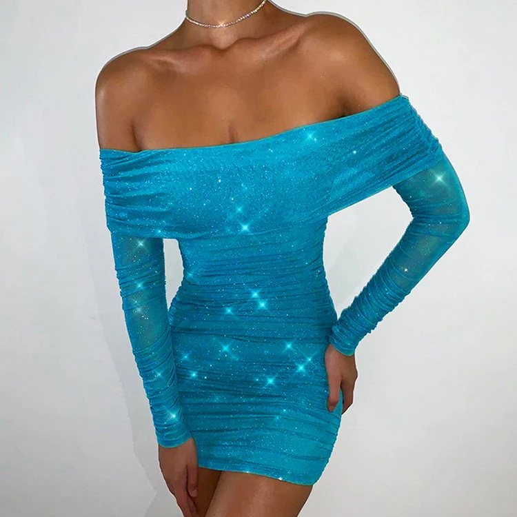 Sexy Women Glitter Short Ruched Mini Dresses For Ladies Party Blue Dress