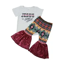 

2020 Kids children little girl boutique Easter style cute JESUS pattern top matches fancy pant fashion wear clothes clothing set