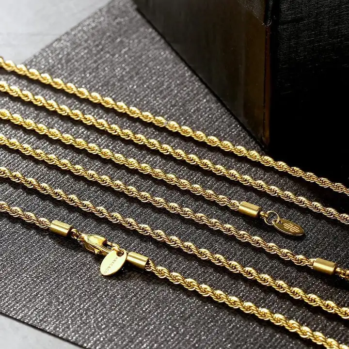 

KRKC wholesale 3mm 18k Gold Plated Stainless Steel Necklace Fashion Men Chain Jewelry Bulk Twisted Rope Chain