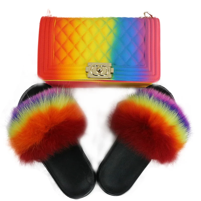 

2021 Agreat Wholesale Crossbody Cute Bags Colorful Big Size PVC Handbag Fur Slippers and Purse Set, Customizable