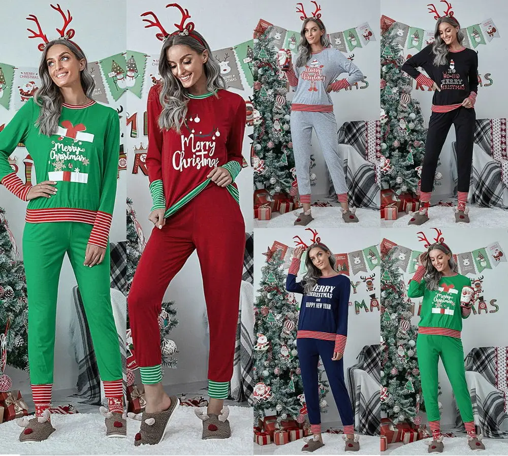 

Rummandy Hot Sale Christmas Long-Sleeved Printed Striped Patchwork Pajamas Home Wear For Women