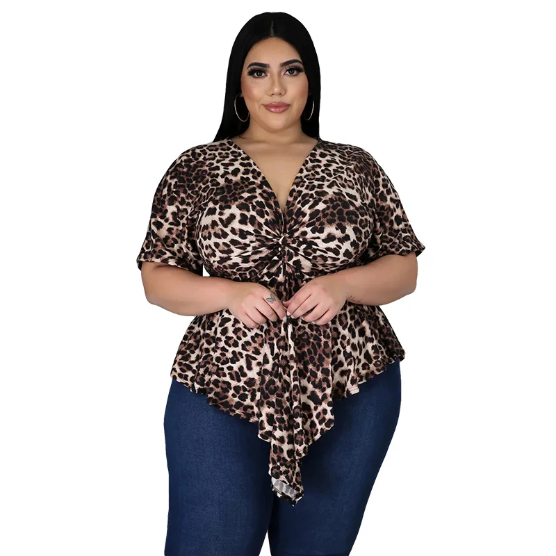 

2021 plus size new arrivals women's fashion casual leopard print deep V-neck top with straps