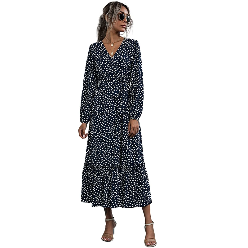 

Hot sale 2021 summer new women polka point high slit slim dress Lady's long chiffon dress, Picture color