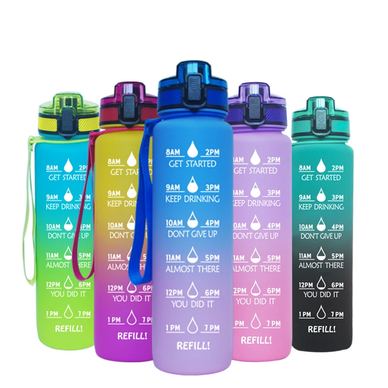 

Gradient Color 1000ml / 32oz Plastic Water Bottle for Sports with Press Lid, Gradient blue green,yellow purple,purple orange,black blue,blue pink