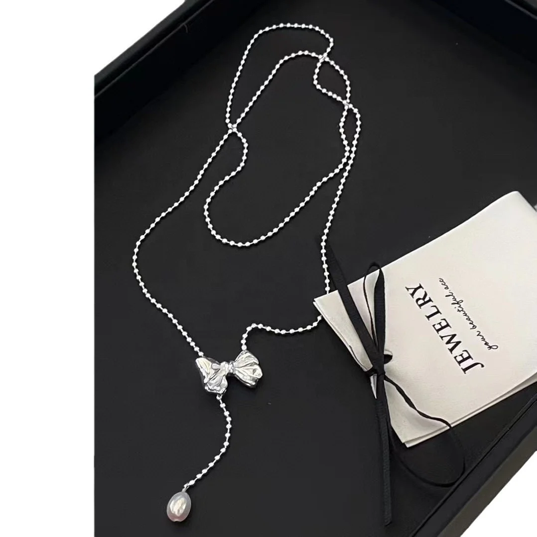 Autumn and Winter All Bow Sweater Chain Korean Simple Temperament Long Adjustable Natural Freshwater Pearl Necklace Female