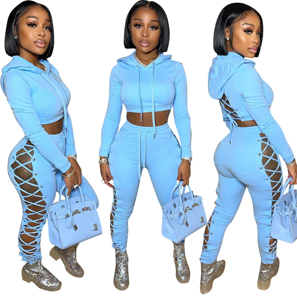 

2021 winter Sexy Sets Solid Long Sleeve Crop jogging Hoodies Sweatshirts Lace Up Hollow Out Sweat Women Fall Pants Two Piece Set, Picture