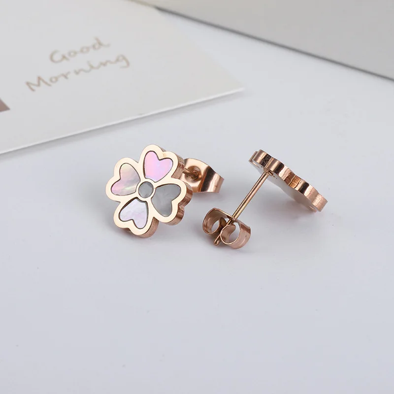 

New Four Leaf Clover Earrings for Women Gold Plated Stainless Steel with Zircon Fashion Jewelry Never Fade, Gold/rose gold