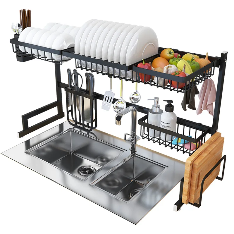 

New design multifunctional 2 Tiers stainless steel kitchen plate rack dish drying rack over the sink dish drainer rack, Black